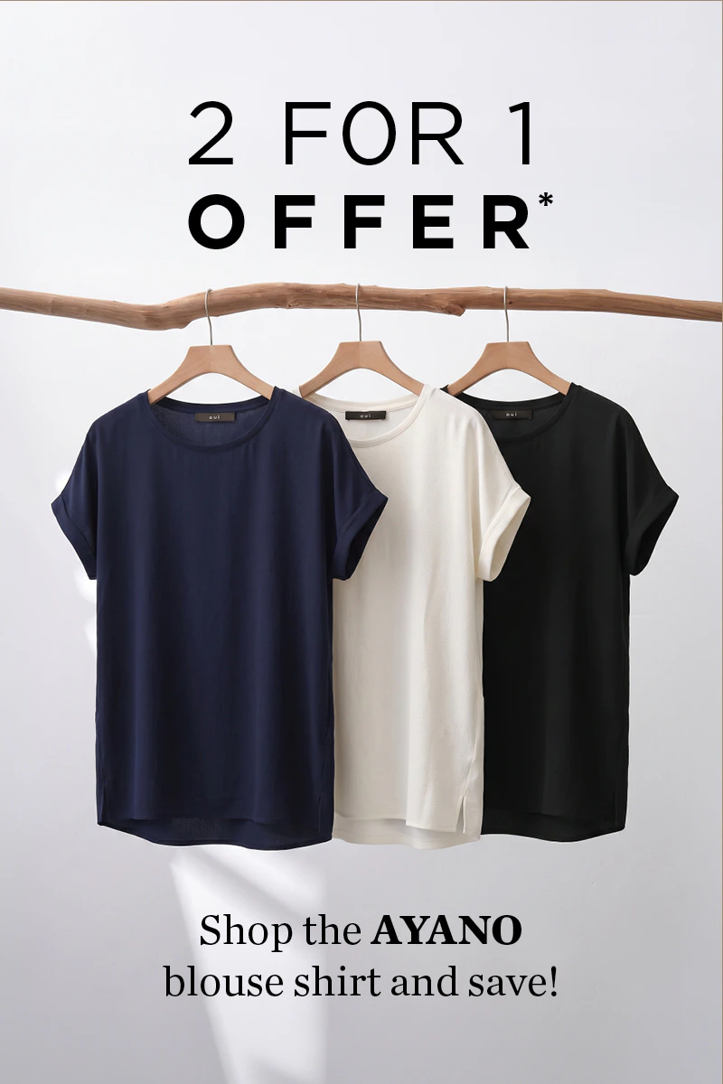 Three blouse-style tops on a rack: blue at the front, white in the middle and black at the back. Special offer*: 2 for 1 offer* shop the Ayano blouse shirt and save!