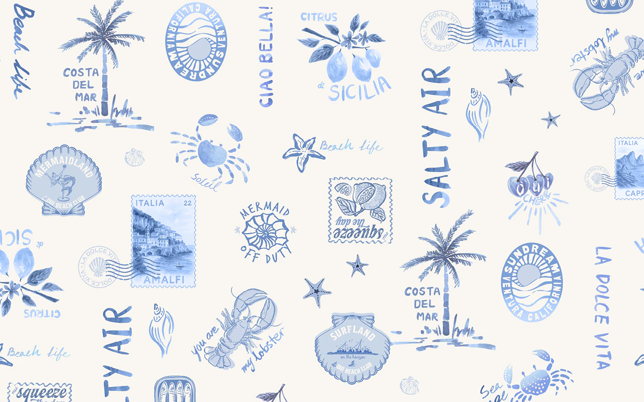 Unterschiedliche Maritime, Strandmotive oder Urlaubsmotive in blau