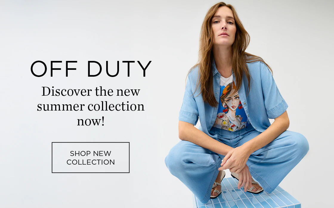 Left: OFF DUTY Discover the new summer collection now. Click here: Shop new collection. Right: Model wearing a short-sleeved denim shirt over a white T-shirt with a colourful print, paired with matching loose-fit jeans.