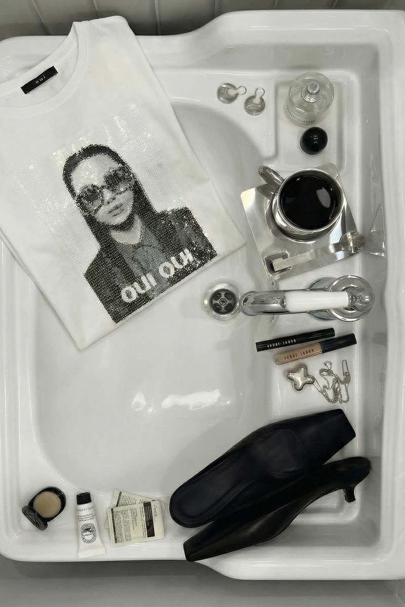 Eine Aufnahme von oben auf ein Waschbecken mit einen kosmetikprodukten rundherum, ein paar schwarze Schuhe und einem gefalteten T-Shirt mit einen Print der mit Pailletten veredelt ist.