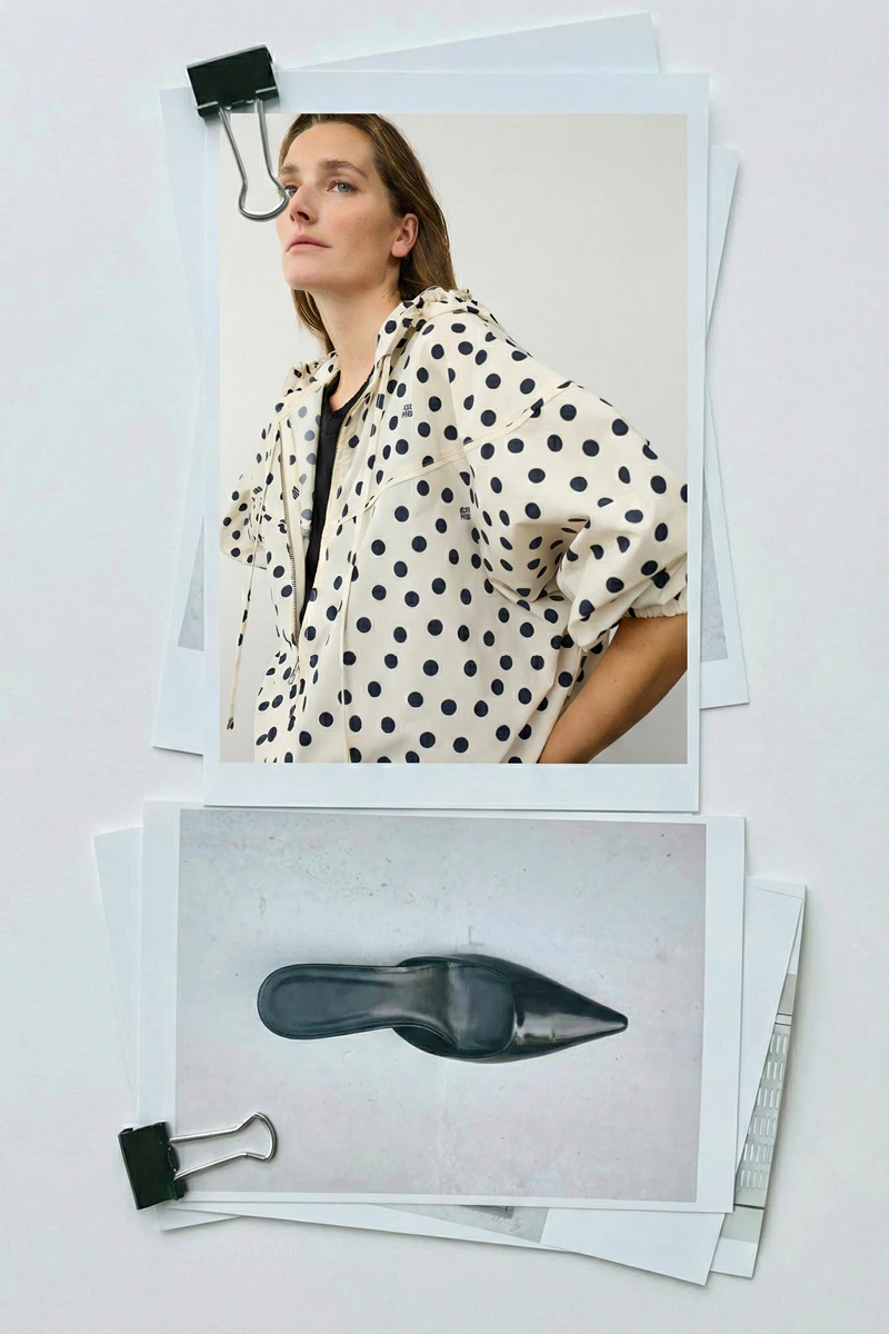 Pinned photos; the ones at the top show a woman wearing a white polka-dot jacket and black pumps.