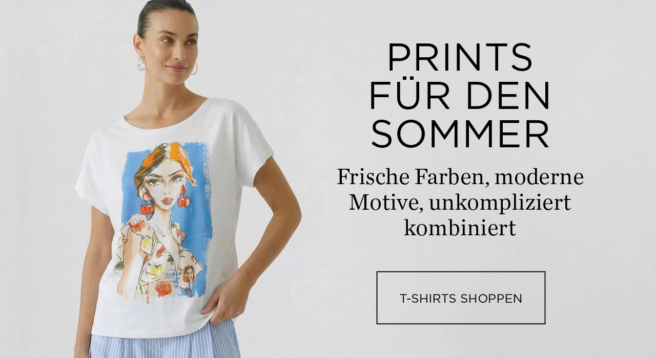 Links Frau mit weissem Shirt mit Aufdruck. Rechts: Prints für den Sommer - frische Farben, moderne Motive, unkompliziert kombiniert. Klickfläche: T-Shirts shoppen