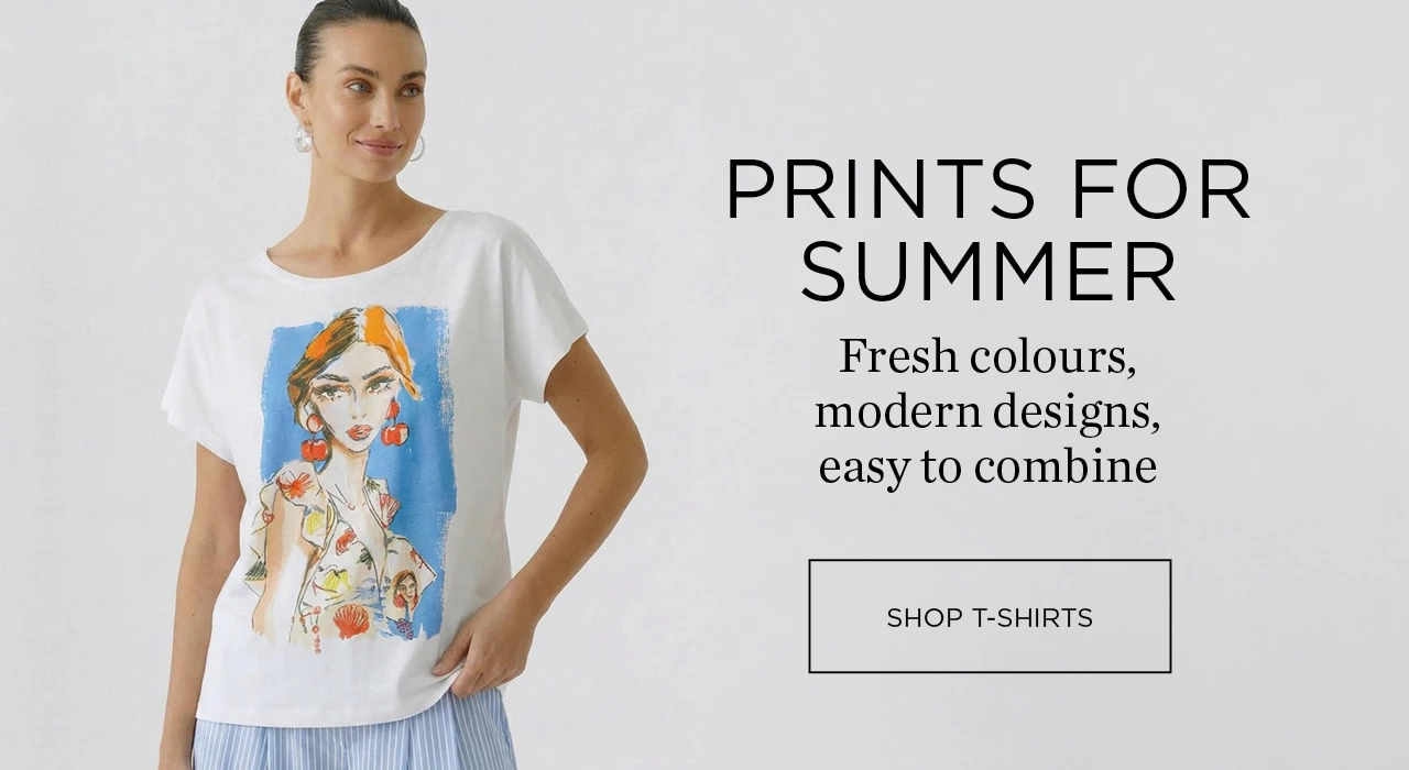 On the left: a woman wearing a white T-shirt with a print. On the right: prints for summer – fresh colours, modern designs, easy to combine. Click here: Shop T-shirts