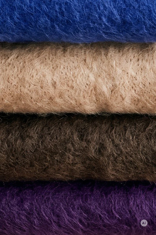 Nahaufnahme von flauschigen Strickmaterialien in Kobaltblau, Camel, Dunkelbraun und Violett mit sichtbarer, weicher Faserstruktur.