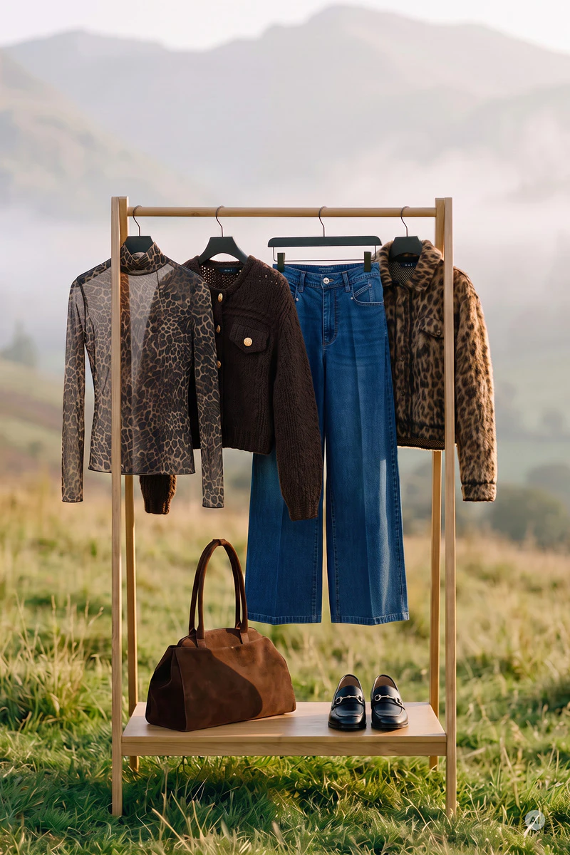 Autumn women’s fashion: Hanging on an outdoor clothes rail are a leopard-print top, a dark brown knitted cardigan, a pair of blue jeans and a leopard-print jacket. Next to them, on the shelf, are a brown leather bag and a pair of black loafers. A misty mountain landscape can be seen in the background.
