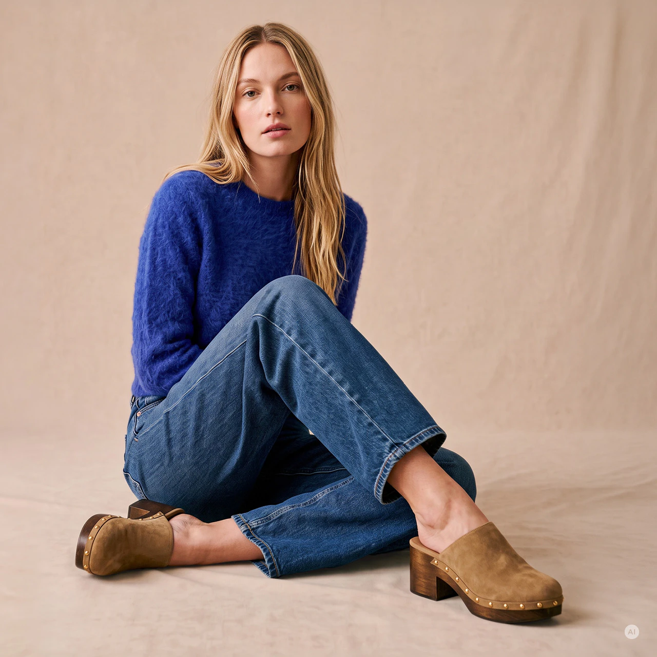 Model trägt einen kobaltblauen Strickpullover, eine weit geschnittene blaue Jeans und braune Clogs mit Nietenbesatz.