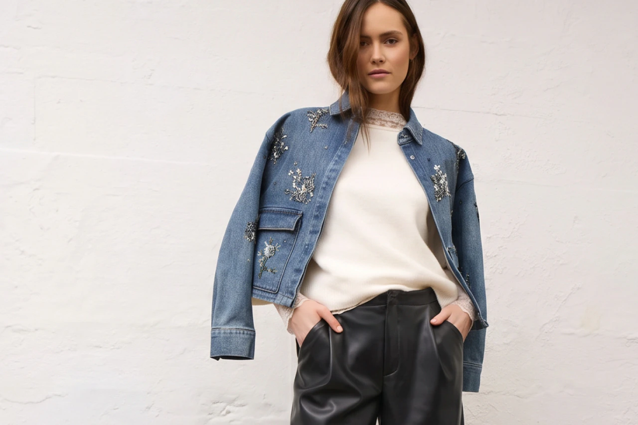 A woman wearing a denim jacket draped over her shoulders with glittery details, a beige jumper and black 7/8-length trousers with a leather-effect finish.