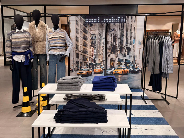 Oui women’s fashion in a Heritage Reset style, featuring knitted jumpers, striped tops, jeans and a faux-fur waistcoat, set against an urban New York backdrop.