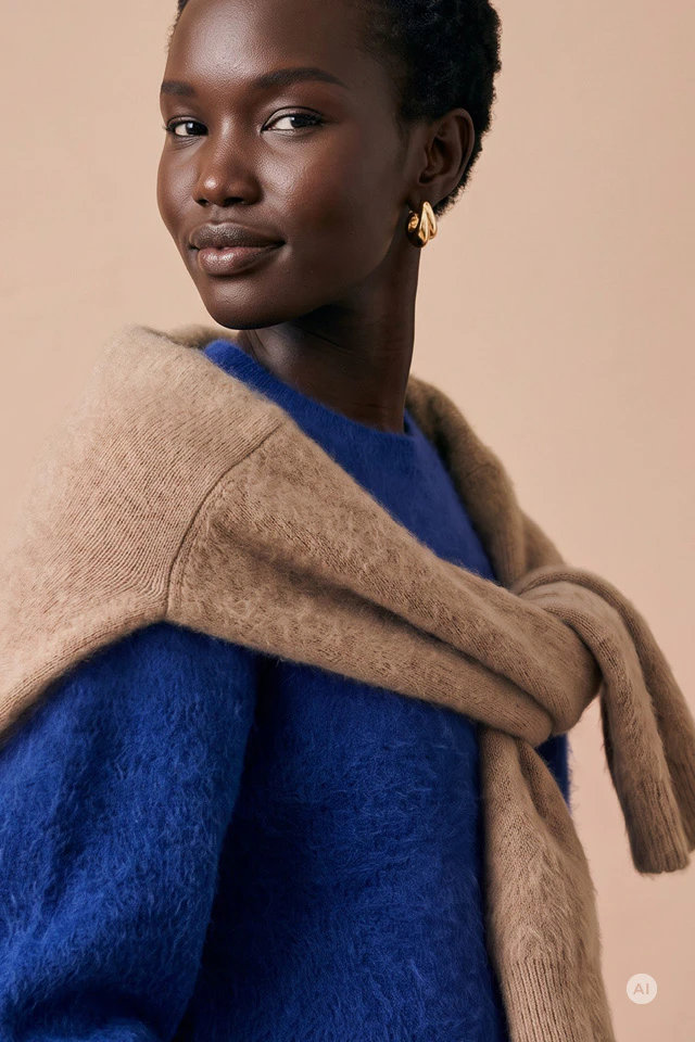 The model is wearing a cobalt blue, fluffy knitted jumper with a camel-coloured knitted jumper casually draped over her shoulders.