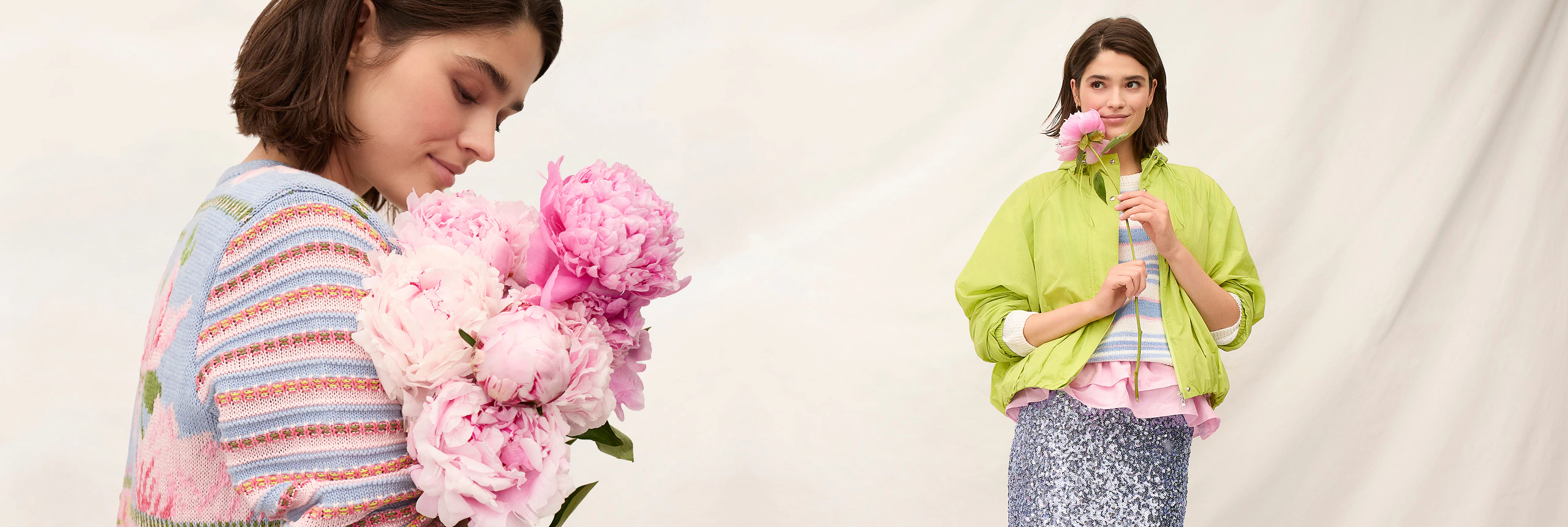 Women’s fashion from Oui, featuring striped knitted jumpers, a light jacket, a blouse and a skirt in spring-like colours.