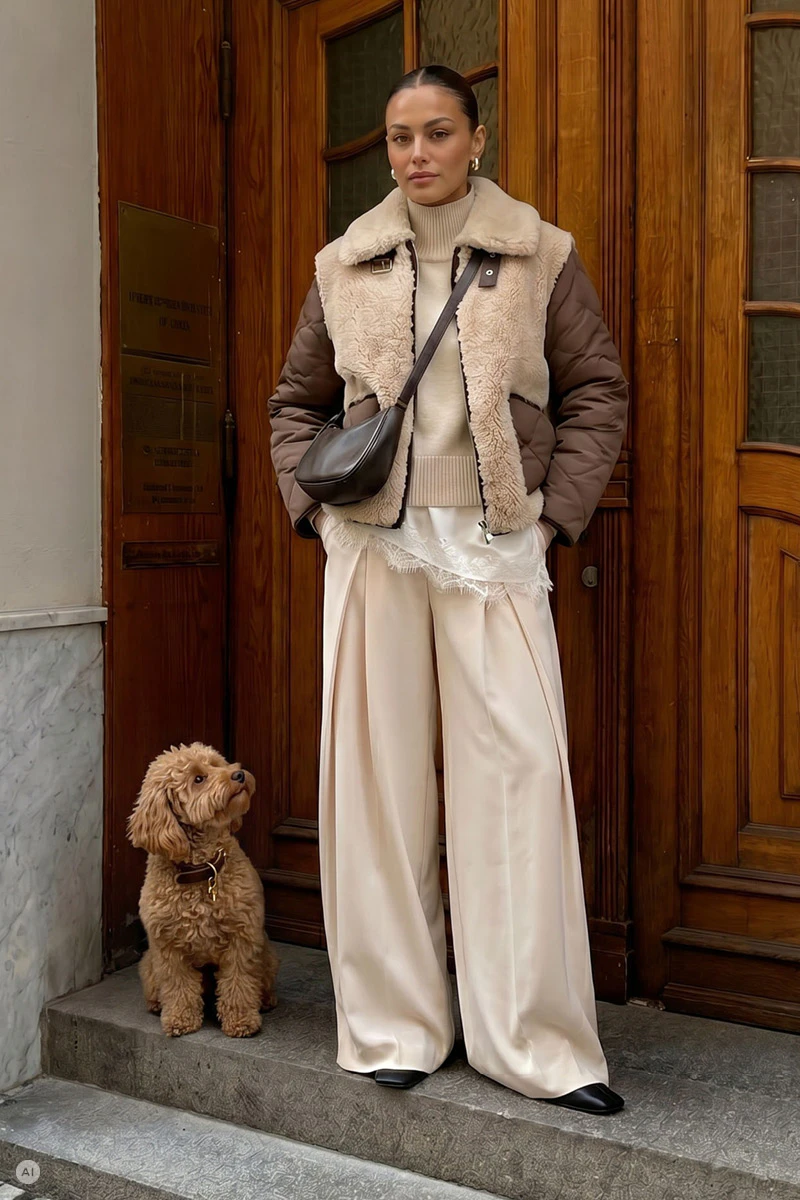 Model trägt eine beige-braune Jacke mit Teddyfutter, cremefarbenen Strickpullover und weite cremefarbene Hose. Neben ihr sitzt ein kleiner brauner Hund.