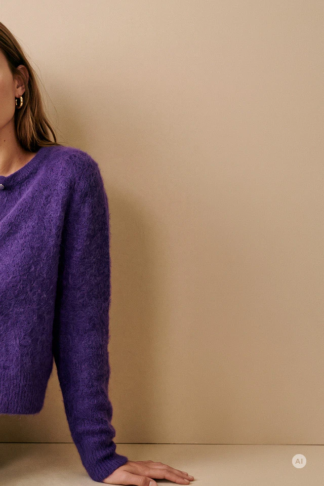 Model trägt eine flauschige violette Strickjacke mit Knopfleiste und eine dunkelblaue Jeans. Sie sitzt lässig vor einem warmen, beigen Hintergrund.