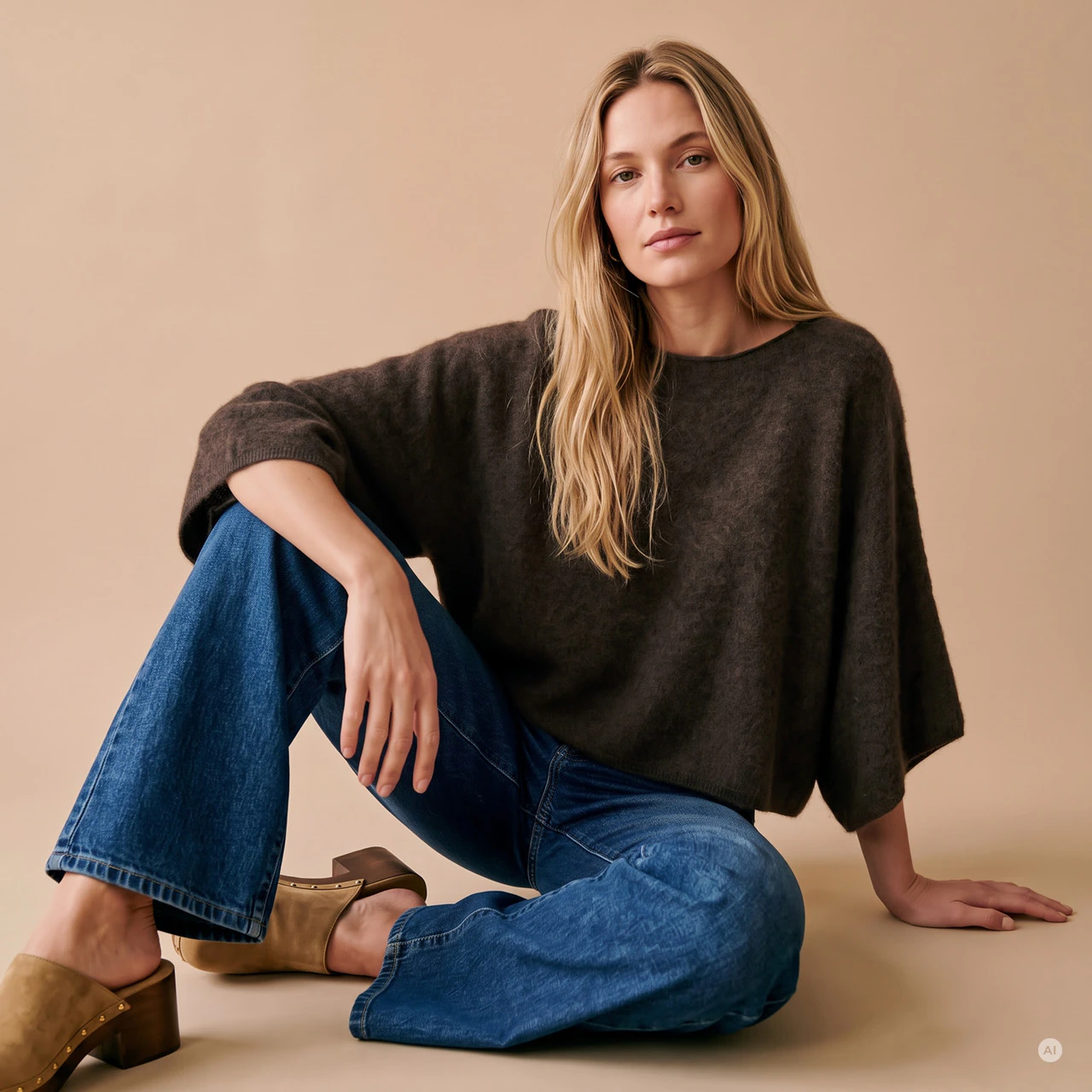 Model trägt einen dunkelbraunen, locker geschnittenen Strickpullover mit Dreiviertelärmeln, eine blaue Wide-Leg-Jeans und braune Clogs mit Nieten. Sie sitzt lässig auf dem Boden vor einem beigen Hintergrund.