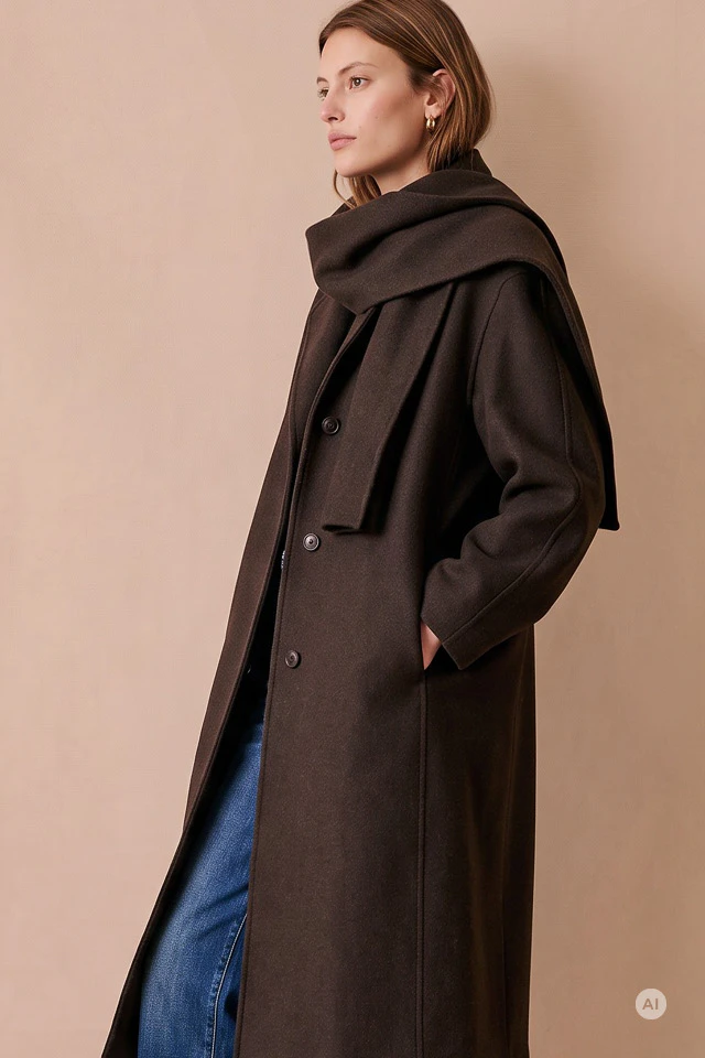 The model is wearing a long, dark brown coat with a button placket and a matching scarf, paired with blue jeans and gold earrings. She is posing in profile against a warm, beige background.