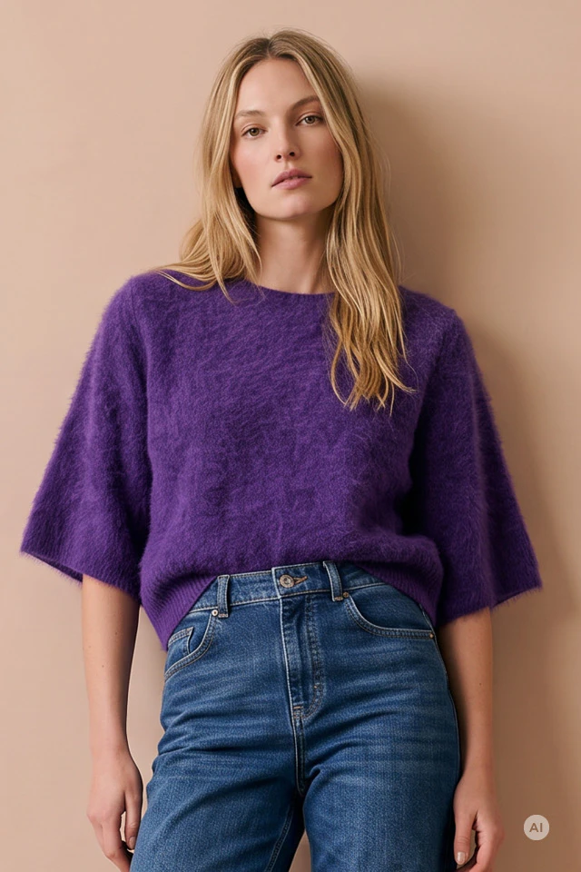 Model trägt einen flauschigen violetten Strickpullover mit kurzen, weiten Ärmeln und eine dunkelblaue Jeans mit geradem Bein vor einem warmen, beigen Hintergrund.