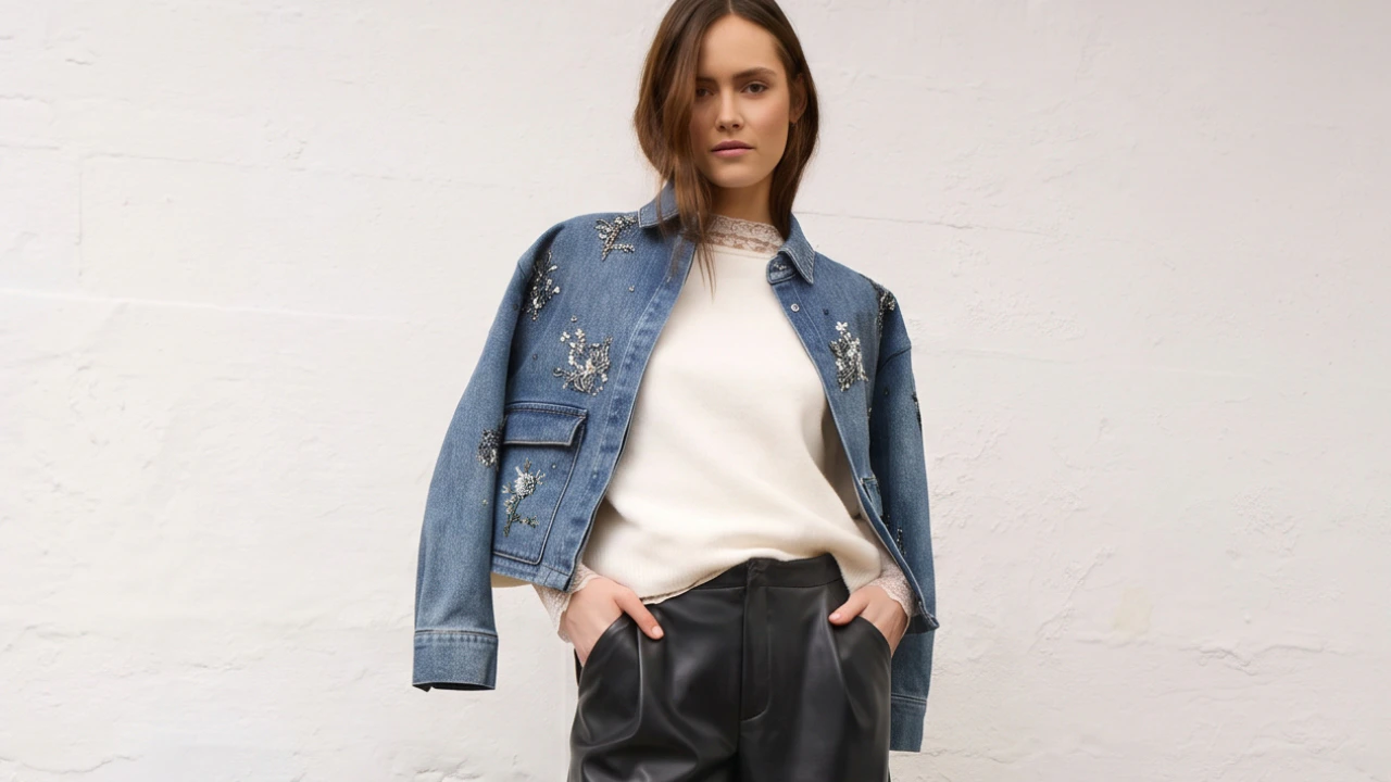 Frau mit einer Jeansjacke um die Schultern mit Glitzerelementen, einem beigen Pullover und einer schwarzen 7/8 Hose in Lederoptik.