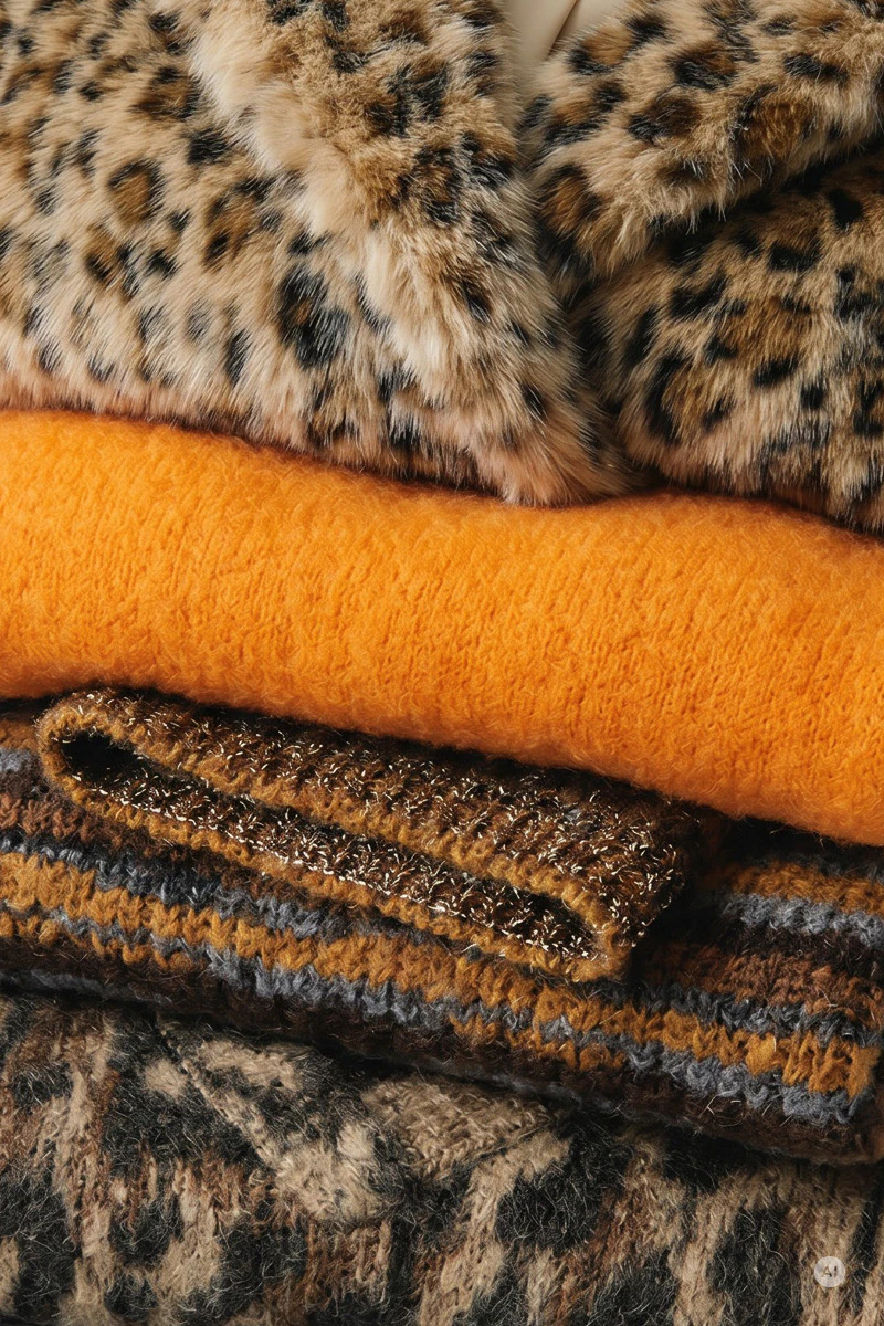 Close-up of layered women’s fashion: faux leopard print in beige, brown and black, a bright orange fabric, and patterned knits in shades of brown, grey and black.