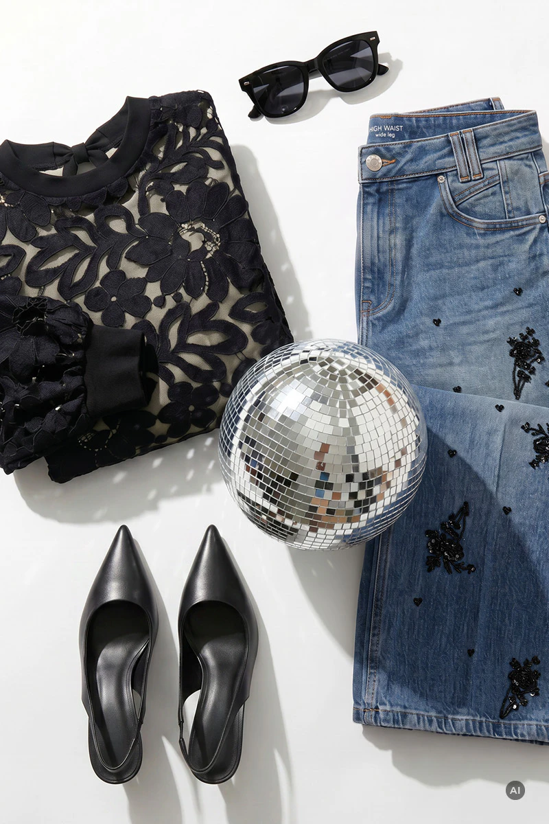 Black lace blouse with a bow detail and embellished jeans