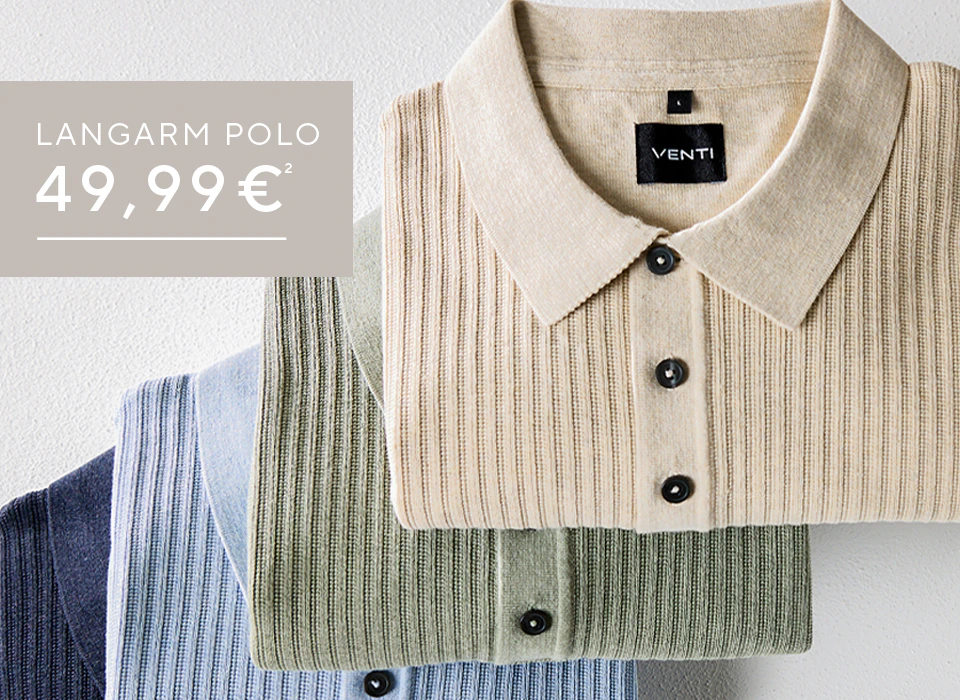 Langarm-Poloshirts in Beige, Grün, Hellblau und Dunkelblau liegen gestapelt.
