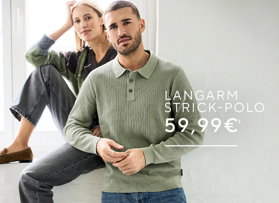VENTI Herren-Outfit mit grünem Polopullover und blauer Jeans in modernem Ambiente.