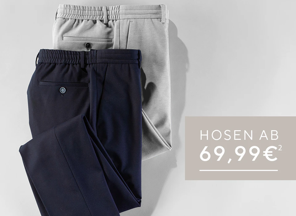 VENTI Herrenhosen in Dunkelblau und Hellgrau mit elastischem Bund, Gürtelschlaufen und Gesäßtaschen.