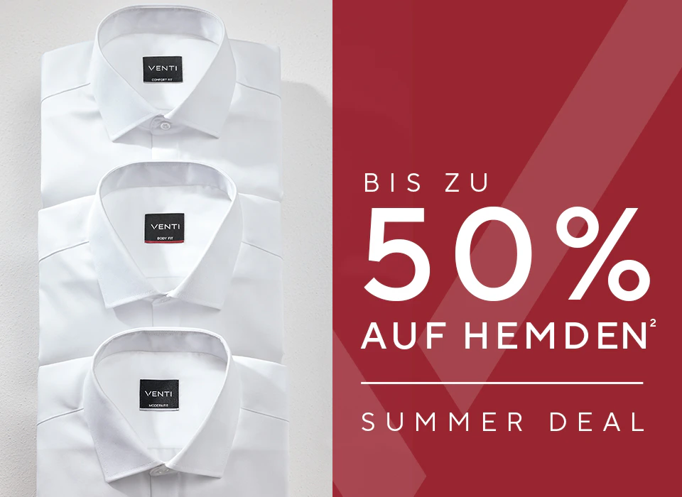 Drei weiße Hemden übereinandergelegt, jeweils mit Kragen und sichtbarem VENTI-Label mit den Bezeichnungen Comfort Fit, Body Fit und Modern Fit