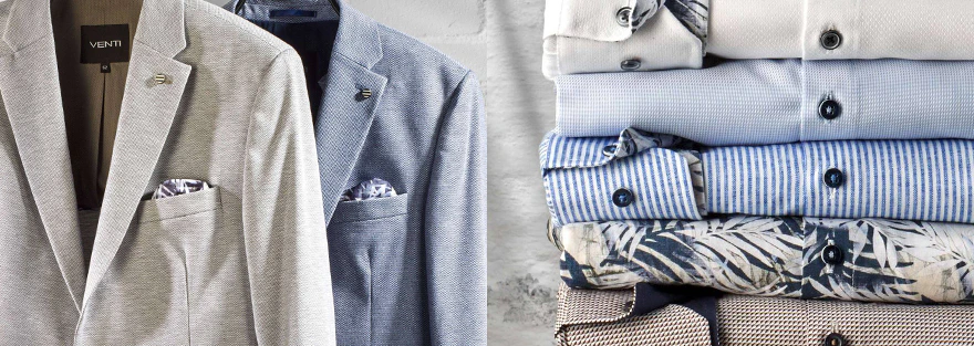 Sakkos und Hemden in verschiedenen Farben von VENTI hängen an Kleiderbügel