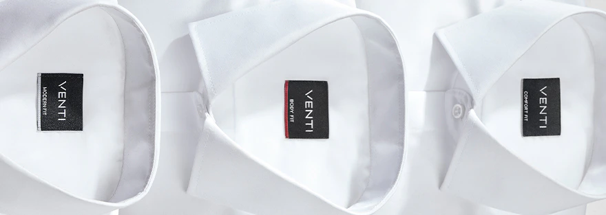 Drei weiße Hemden nebeneinandergelegt, jeweils mit Kragen und sichtbarem VENTI-Label mit den Bezeichnungen Comfort Fit, Body Fit und Modern Fit