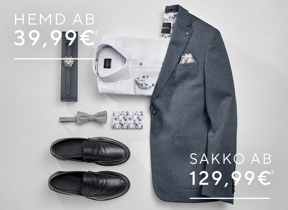 Herren-Outfit mit grauem Sakko, weißem Hemd, schwarzen Loafern, Fliege und passenden Accessoires.